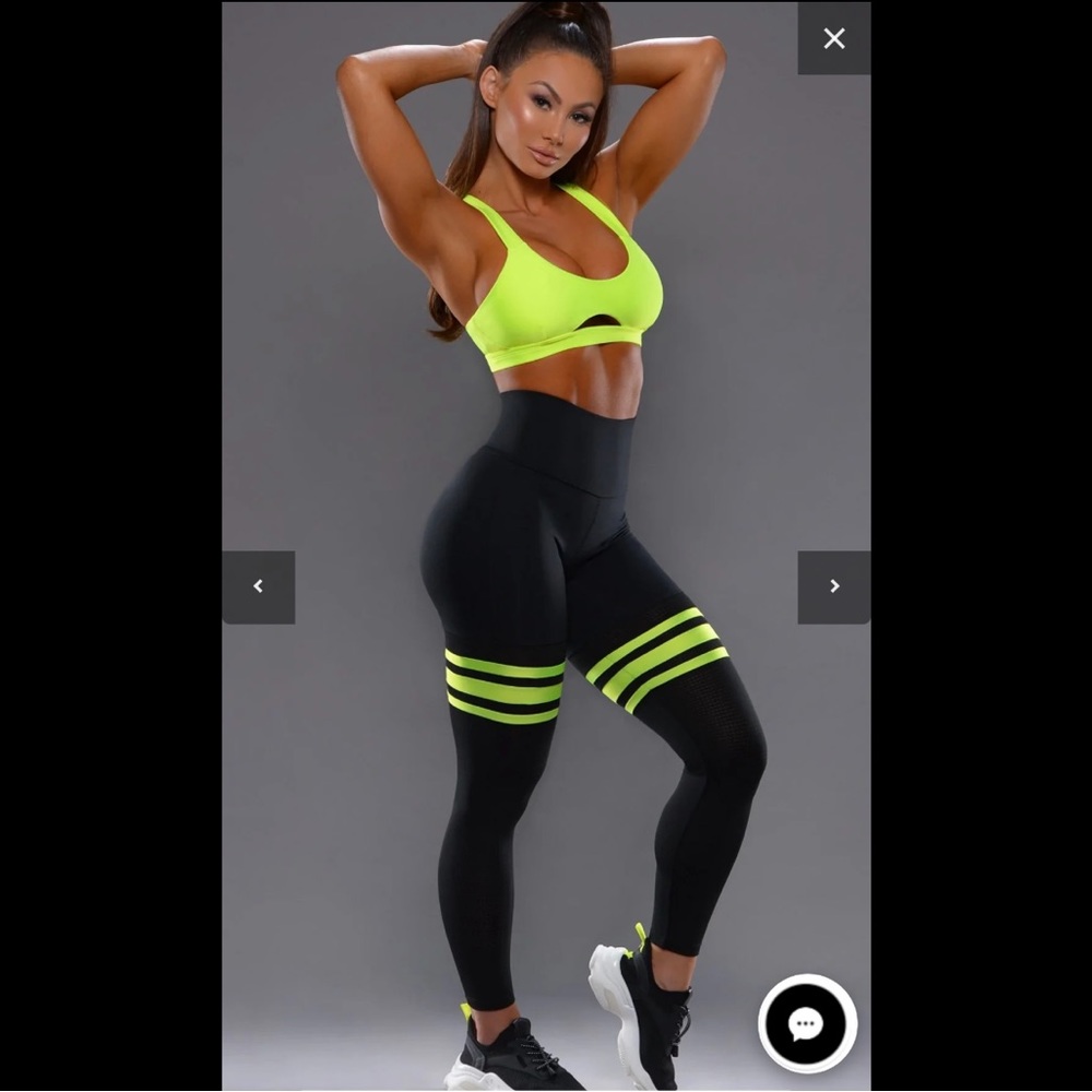 High-Waist Black Leggings with Neon Yellow Stripes